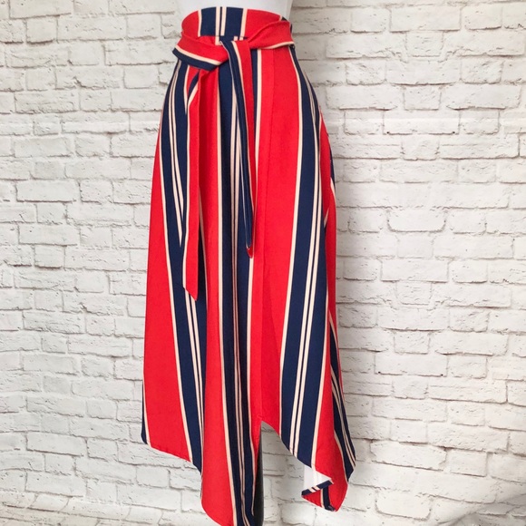 NASTY GAL Hanky Hem Striped Midi Skirt S Red Blue - Picture 6 of 10